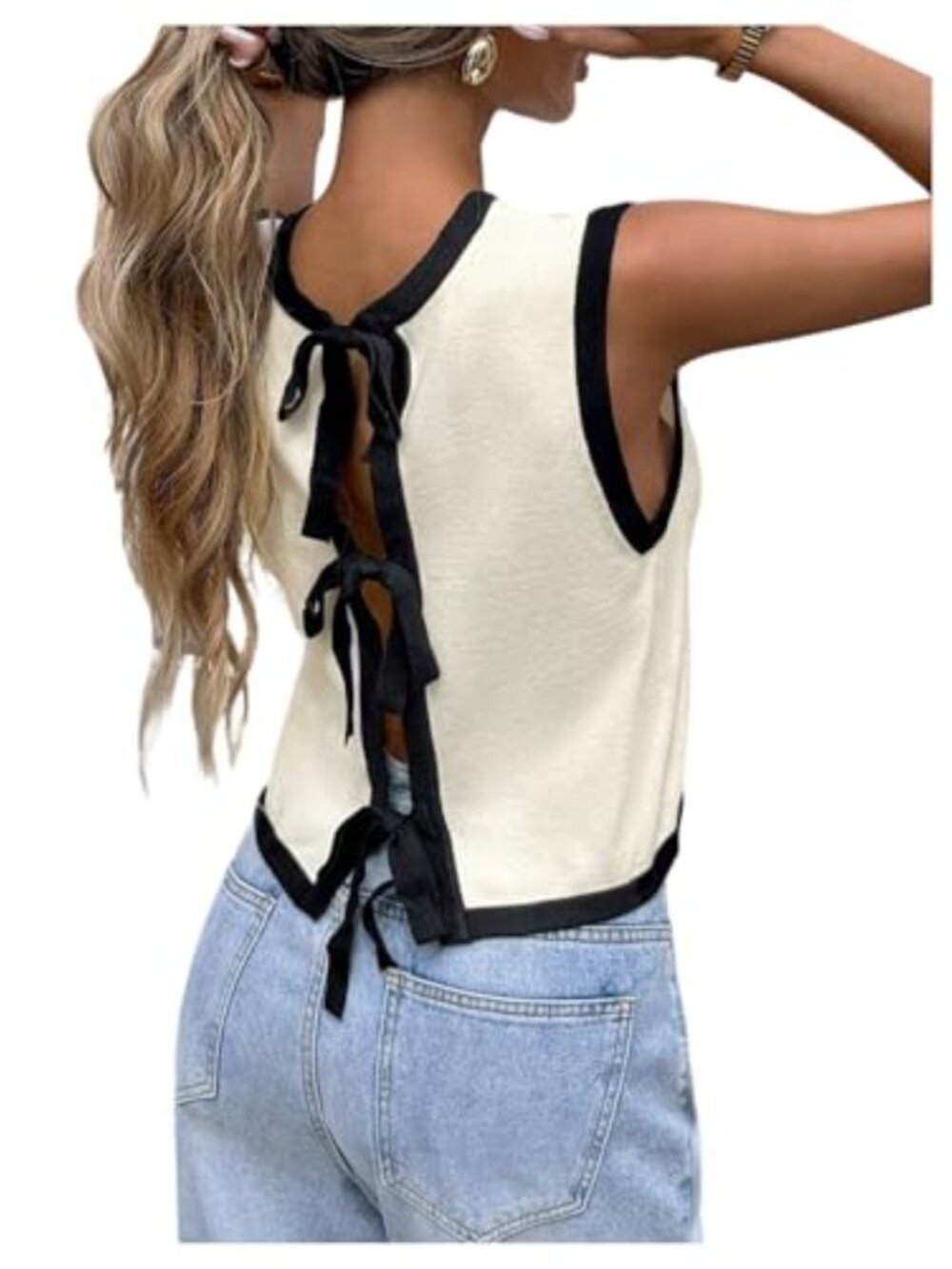 Sleeveless Bow Tie Back Sweater Vest Knit Tank Top Women's Cropped Crew Neck